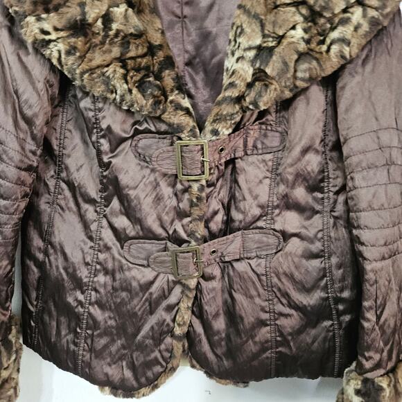 DONNA SALYERS FABULOUS Furs Brown Coat Jacket Faux Fur Trim Small Animal Print - Picture 5 of 9